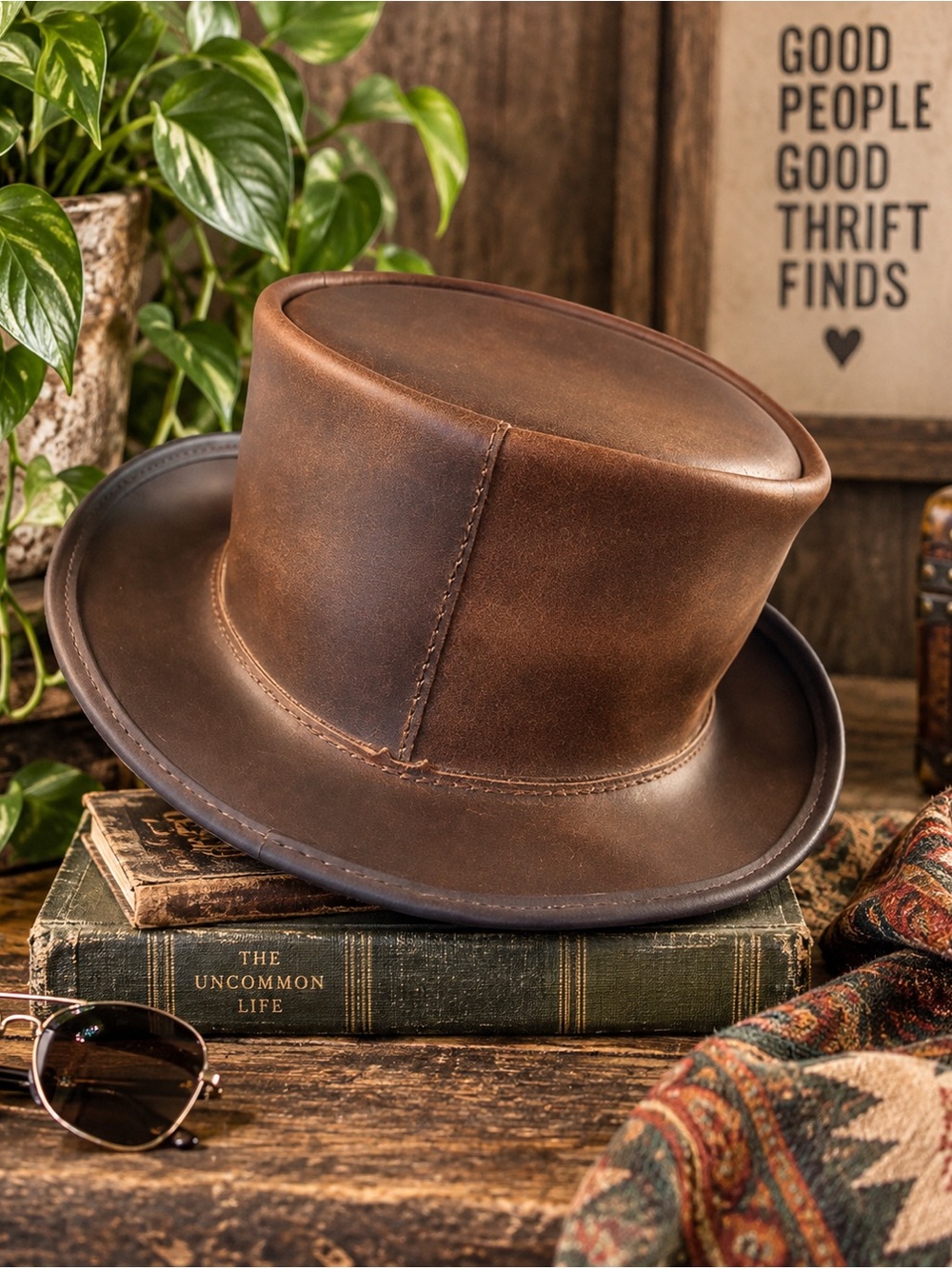 Marlow by Voodoo Hatter Leather Top Hat Size L Brown Western Steampunk USA